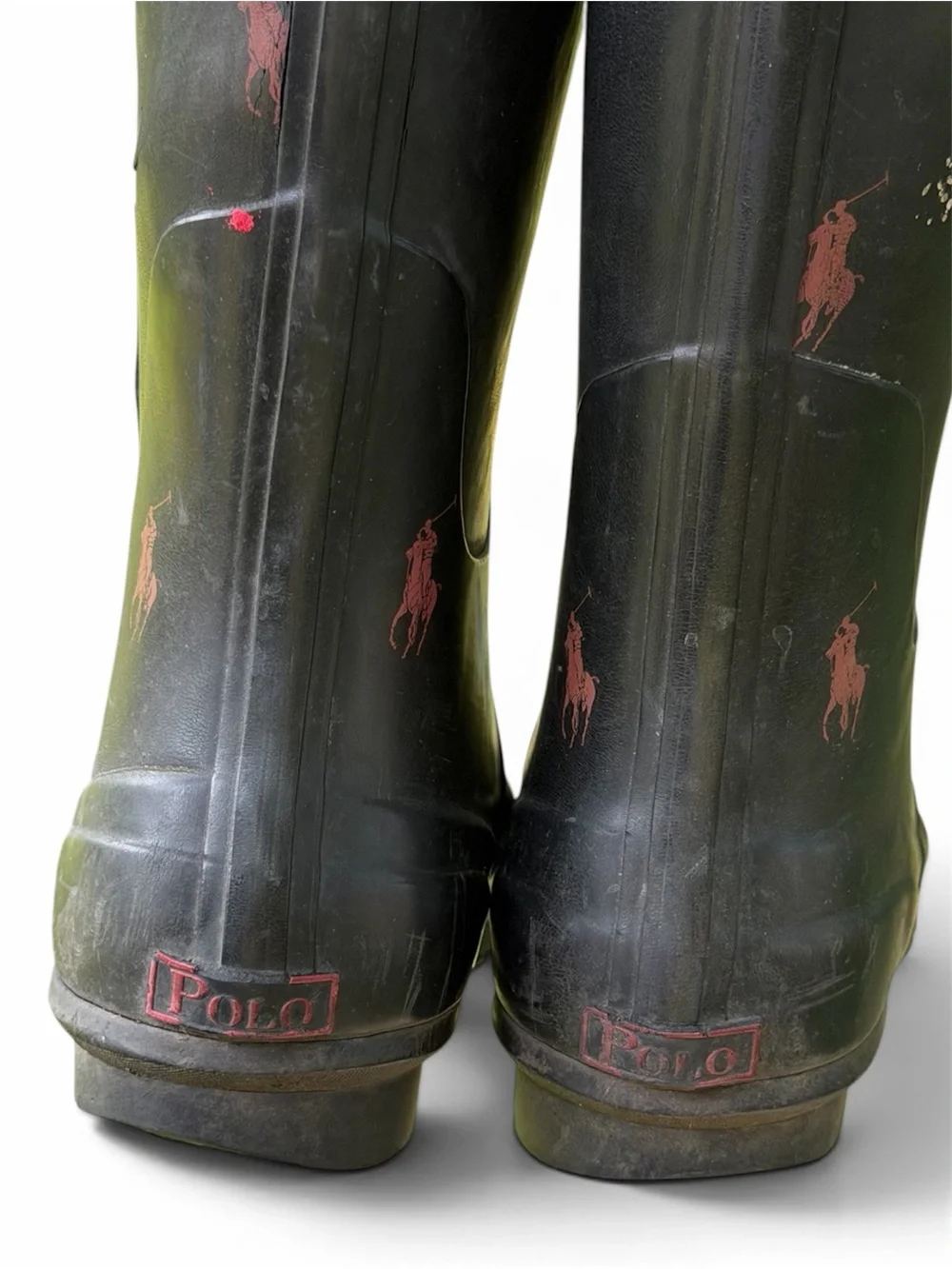 Polo by Ralph Lauren Black Tall Rubber Rain Boots with Red Pony Accents